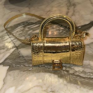 Authentic Balenciaga Mini Hourglass Crocodile Embossed in Gold
